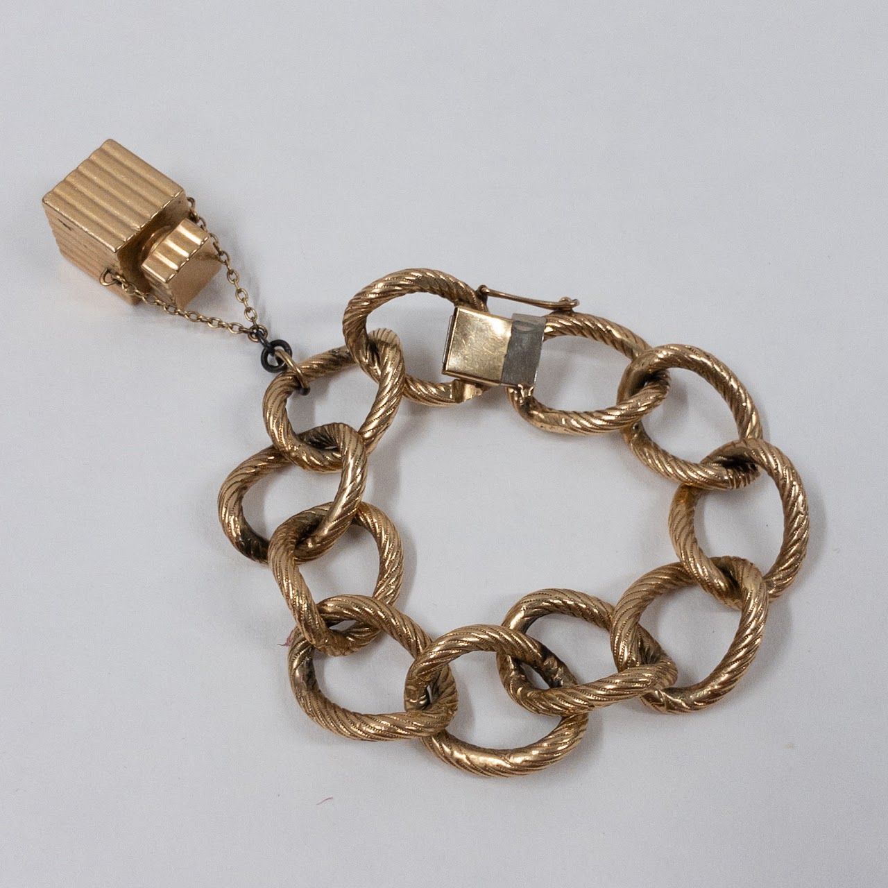 14K Gold Heavy Textured Links Bracelet with 14K Gold Perfume Bottle Charm