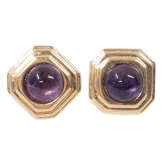 14K Gold and Amethyst Cabochon Terraced Earrings