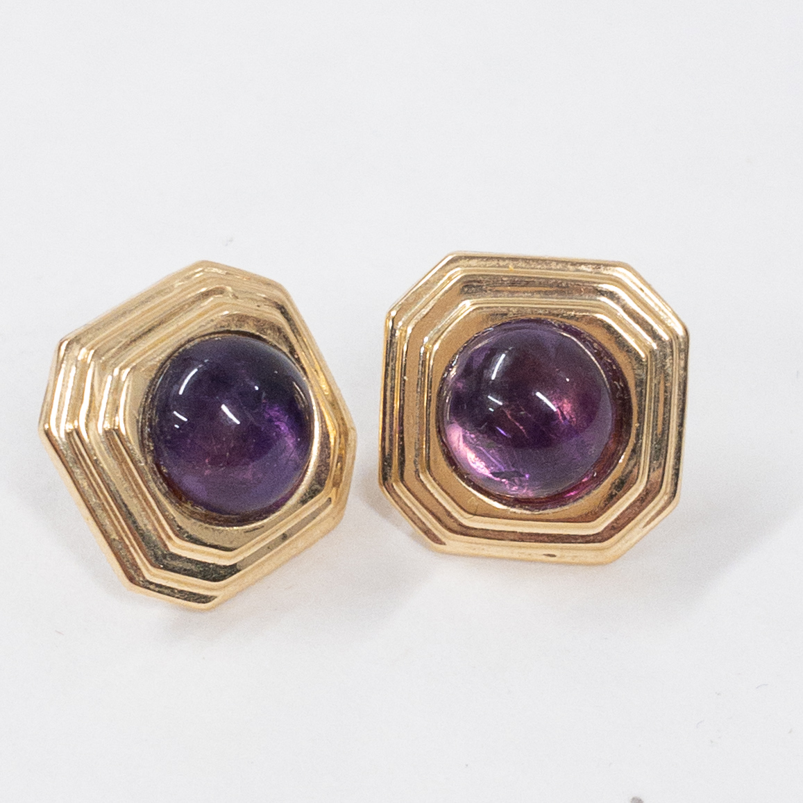 14K Gold and Amethyst Cabochon Terraced Earrings
