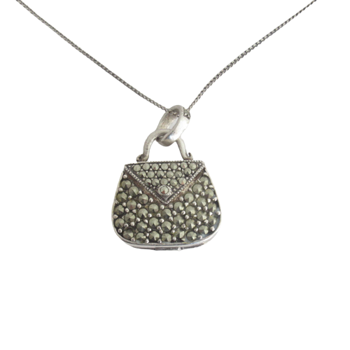 Sterling Silver & Marcasite Purse Pendant Necklace