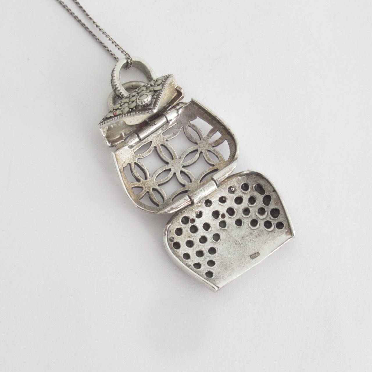 Sterling Silver & Marcasite Purse Pendant Necklace