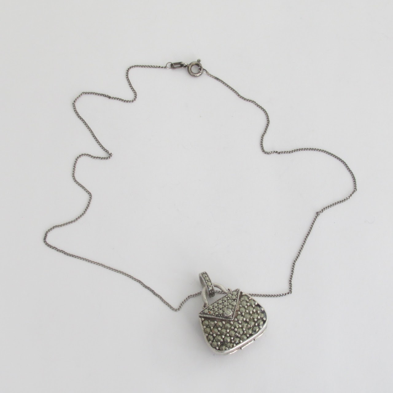 Sterling Silver & Marcasite Purse Pendant Necklace