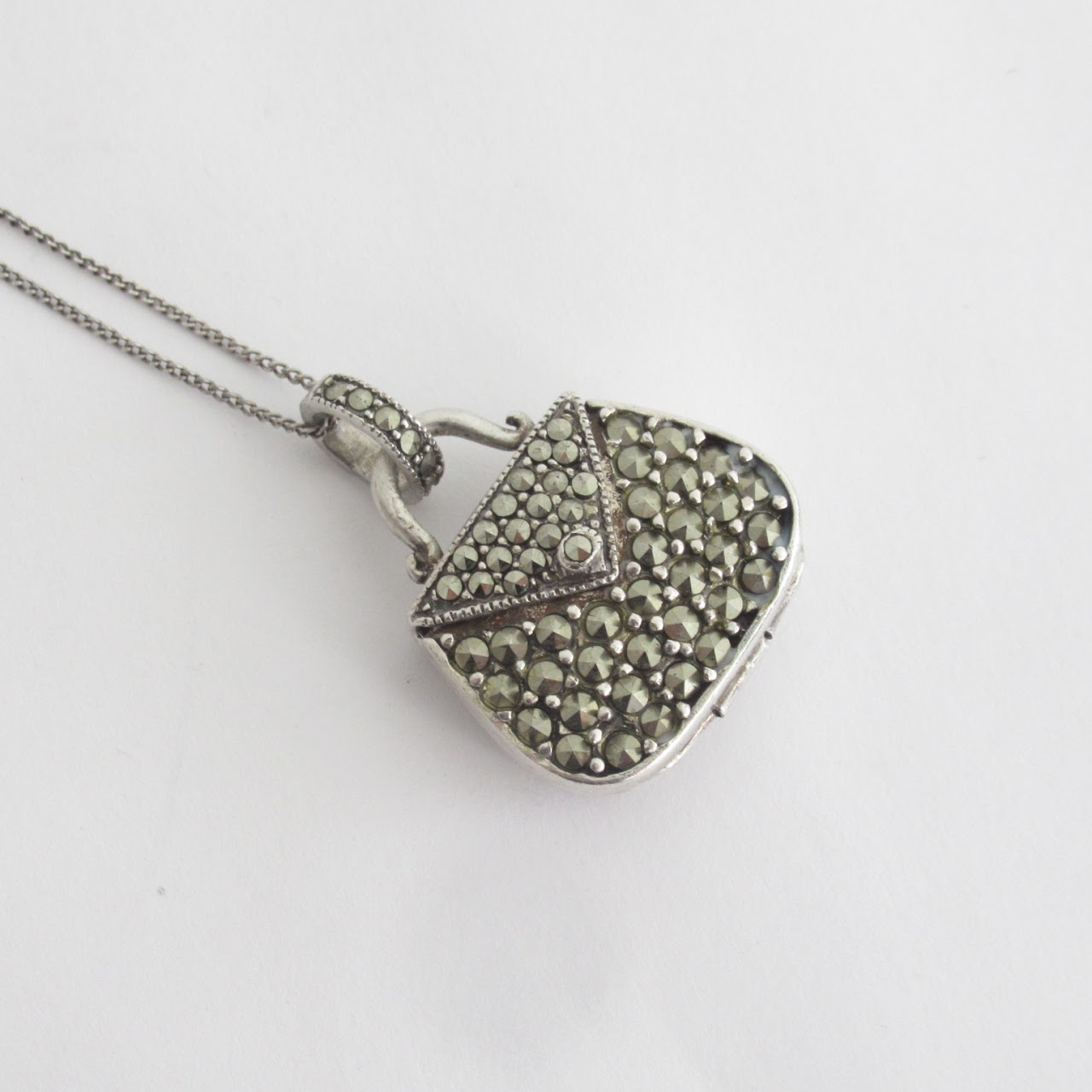 Sterling Silver & Marcasite Purse Pendant Necklace