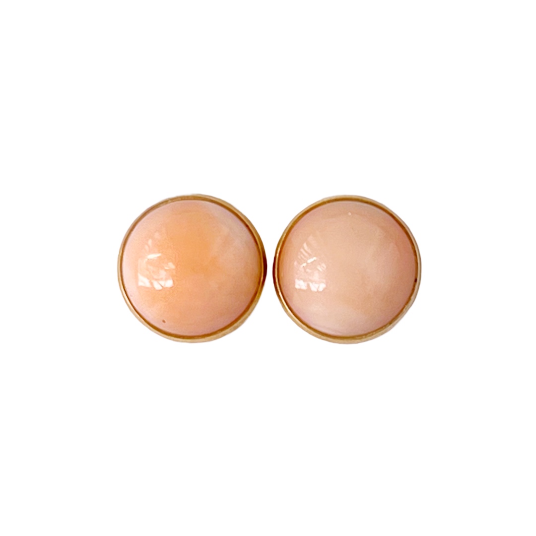 14K Gold and Pink Coral Button Earrings
