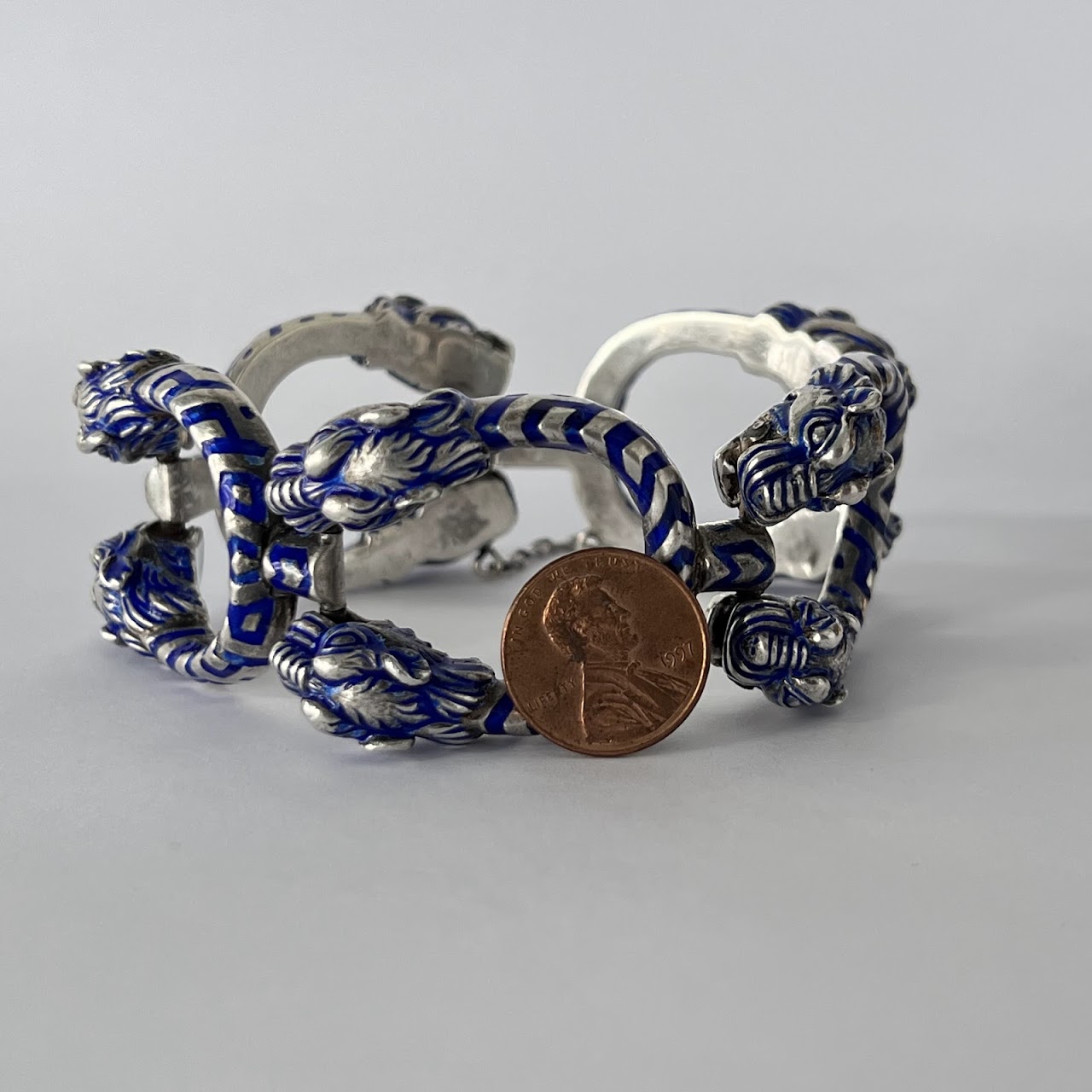 Gucci Vintage Sterling Silver and Enamel Tiger Horsebit Link Bracelet