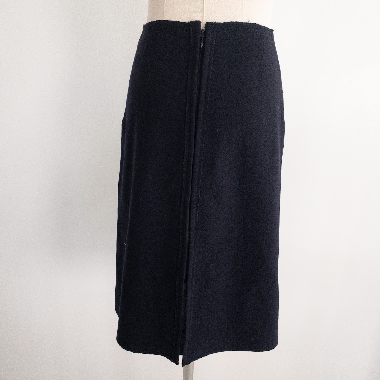 Prada Navy Blue A-Line Raw Hem Wool Midi Skirt