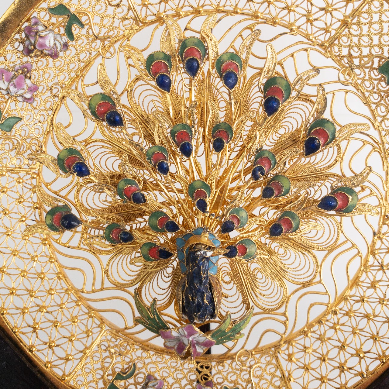 Chinese Cloisonné Vintage Gilt Filigree Dragon and Peacock Plate Pair