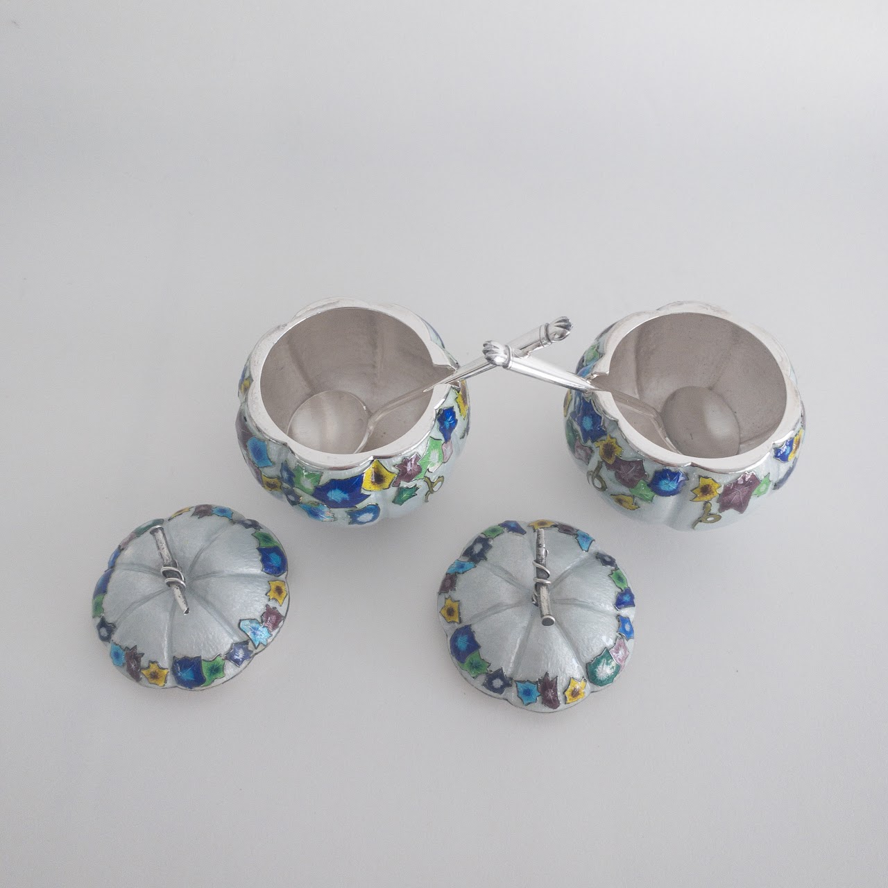 99% Silver Japanese Cloisonné Condiment Set