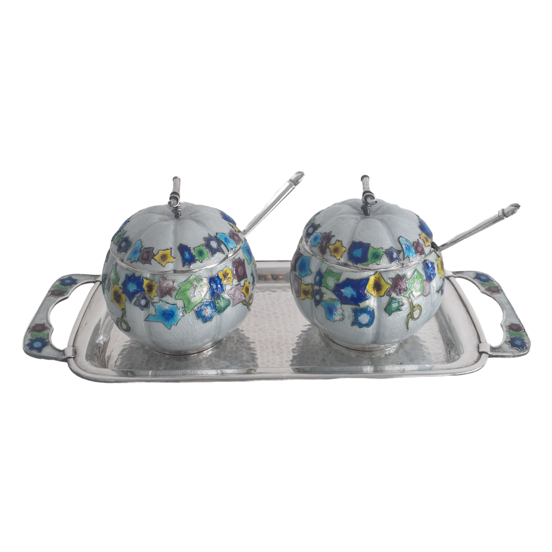 99% Silver Japanese Cloisonné Condiment Set