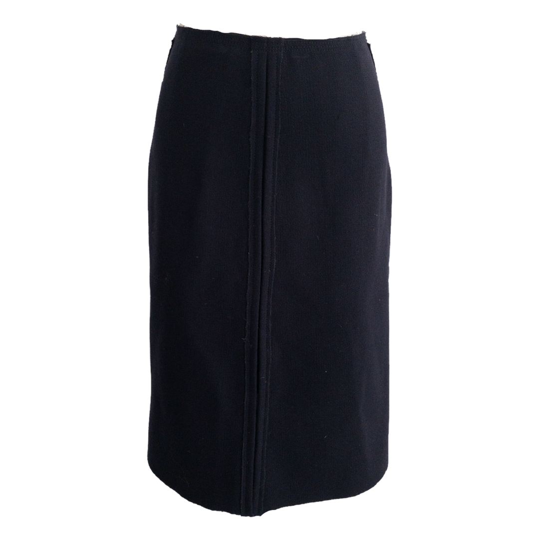 Prada Navy Blue A-Line Raw Hem Wool Midi Skirt