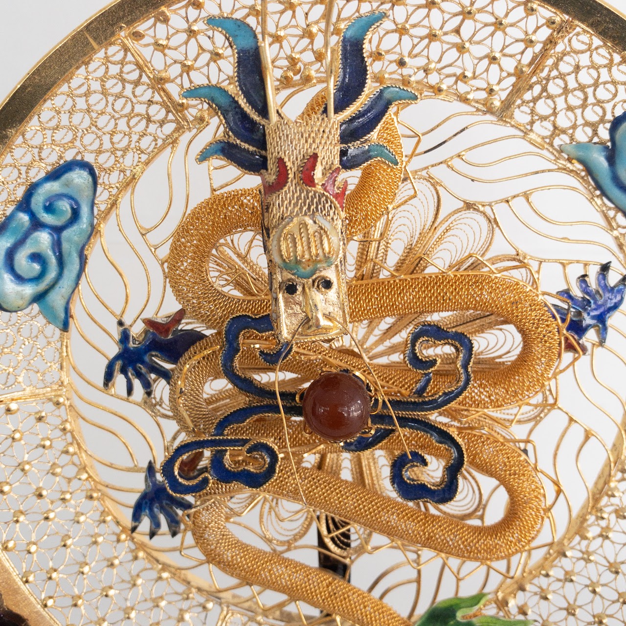 Chinese Cloisonné Vintage Gilt Filigree Dragon and Peacock Plate Pair