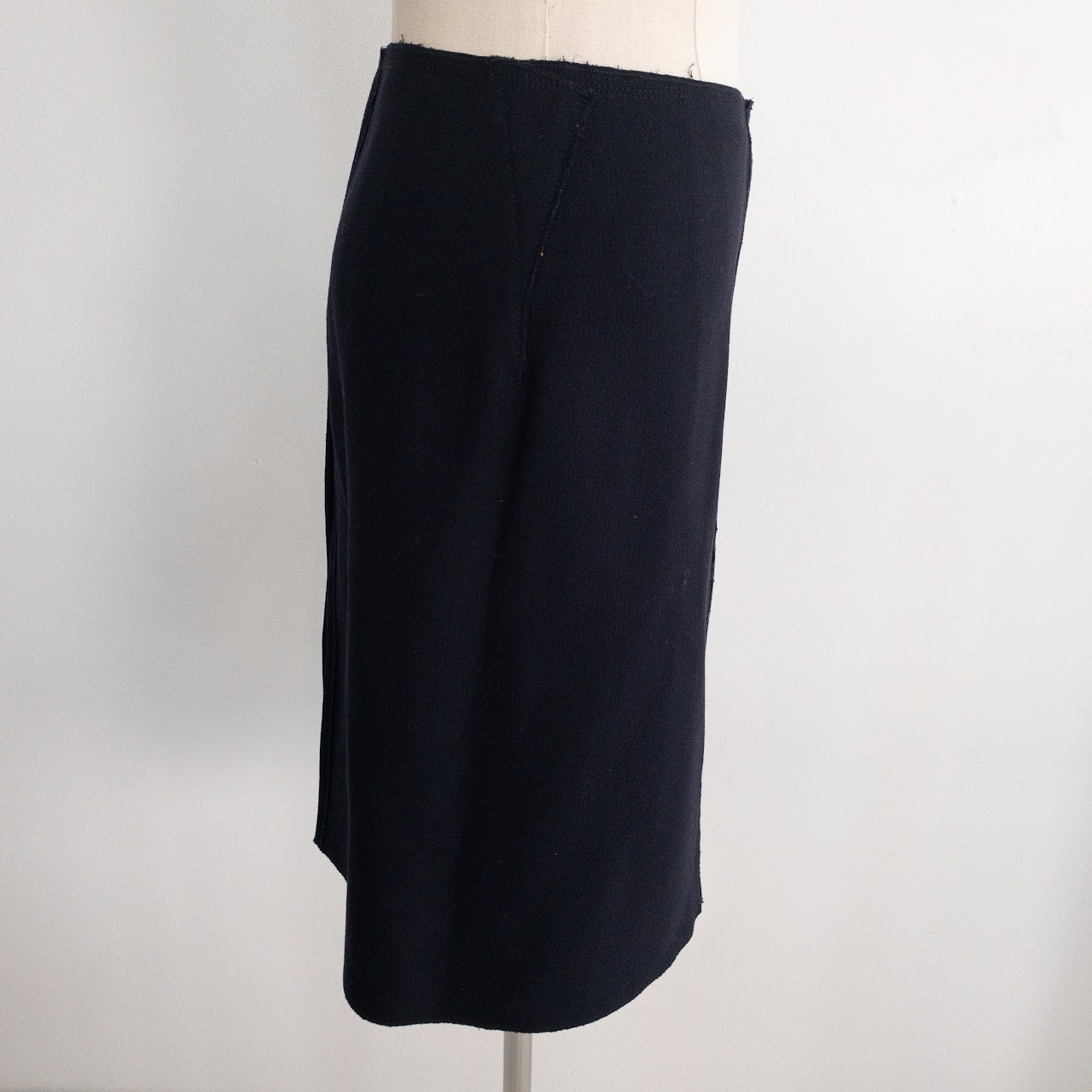 Prada Navy Blue A-Line Raw Hem Wool Midi Skirt