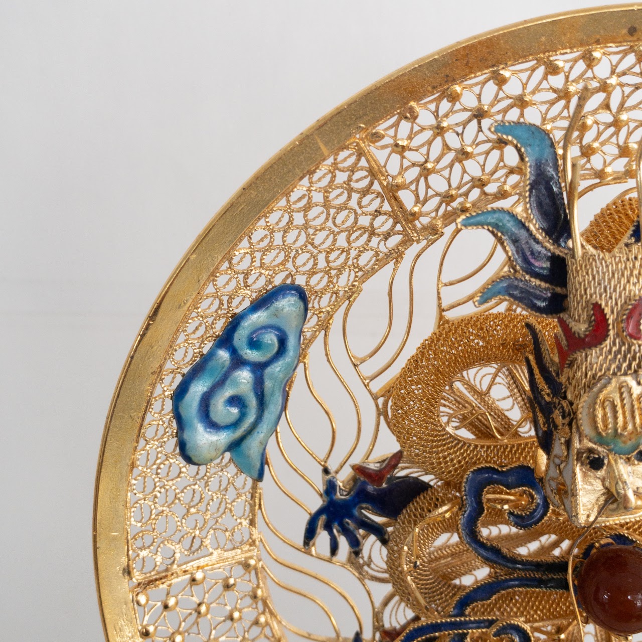 Chinese Cloisonné Vintage Gilt Filigree Dragon and Peacock Plate Pair