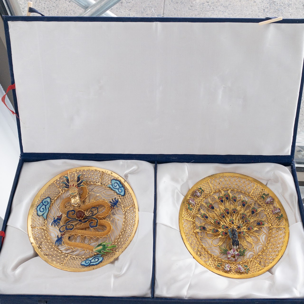 Chinese Cloisonné Vintage Gilt Filigree Dragon and Peacock Plate Pair