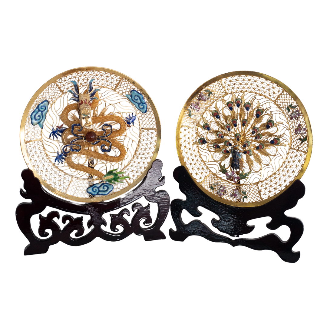 Chinese Cloisonné Vintage Gilt Filigree Dragon and Peacock Plate Pair