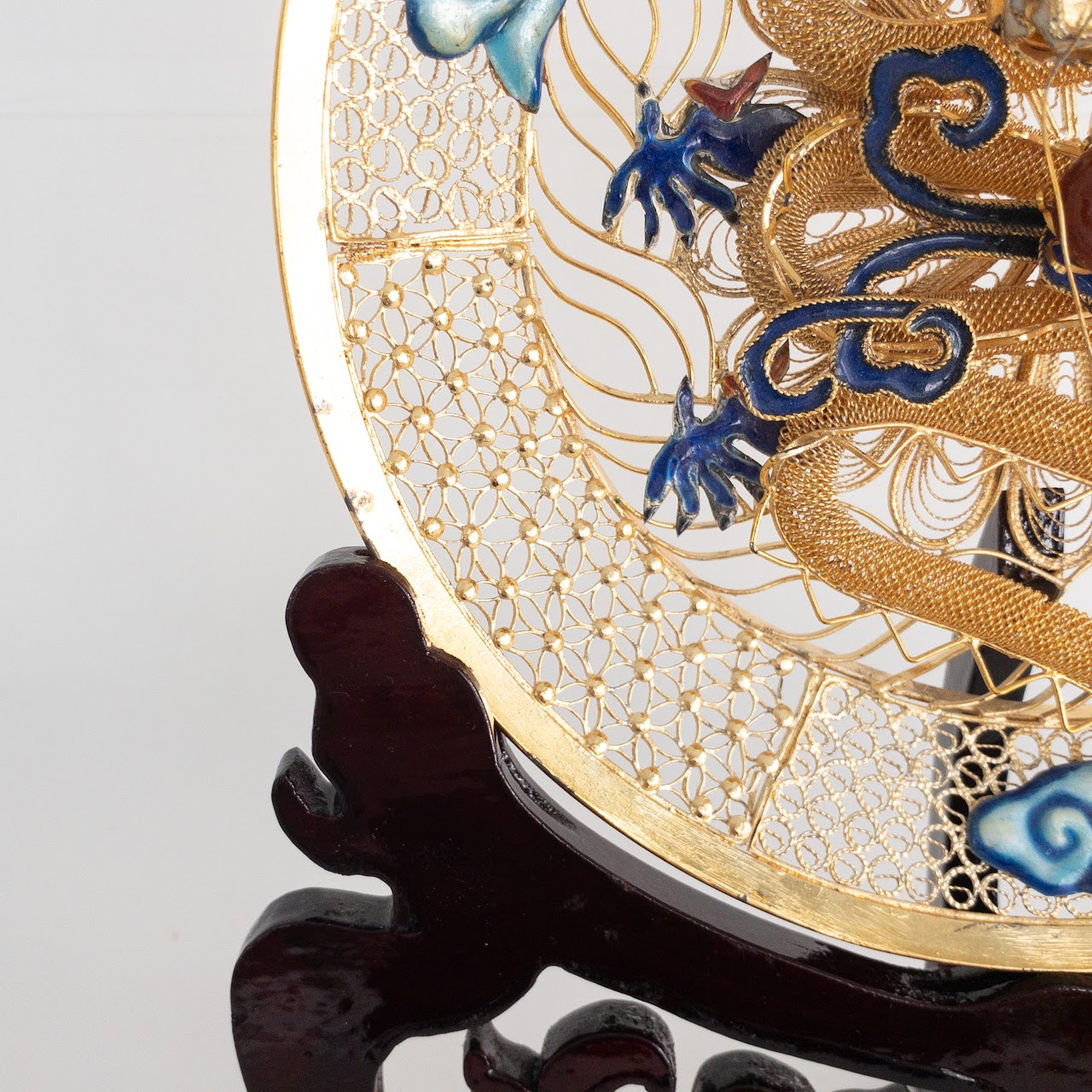 Chinese Cloisonné Vintage Gilt Filigree Dragon and Peacock Plate Pair