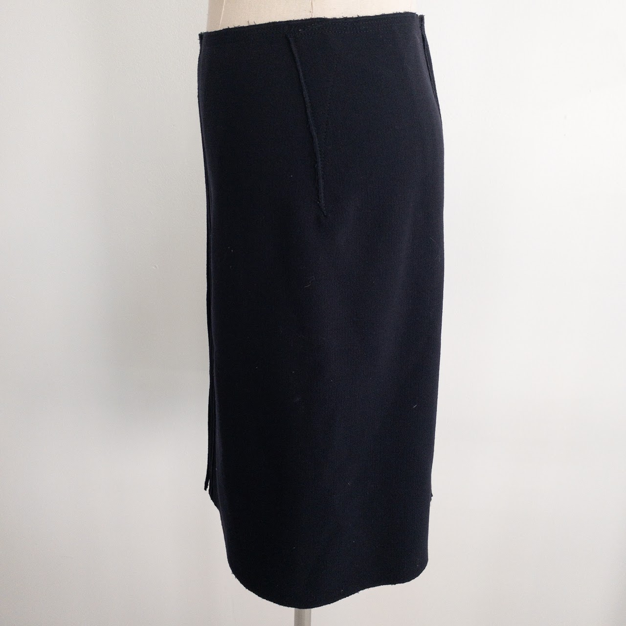 Prada Navy Blue A-Line Raw Hem Wool Midi Skirt