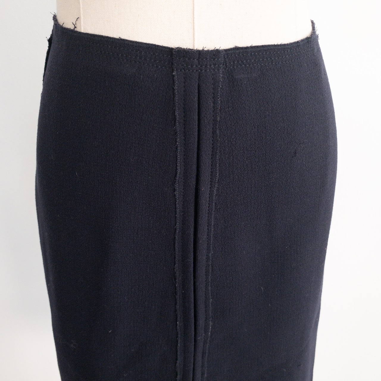 Prada Navy Blue A-Line Raw Hem Wool Midi Skirt