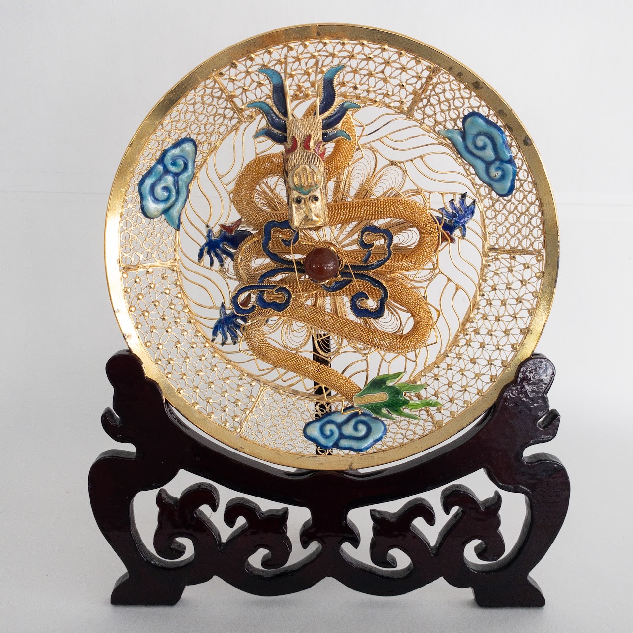 Chinese Cloisonné Vintage Gilt Filigree Dragon and Peacock Plate Pair