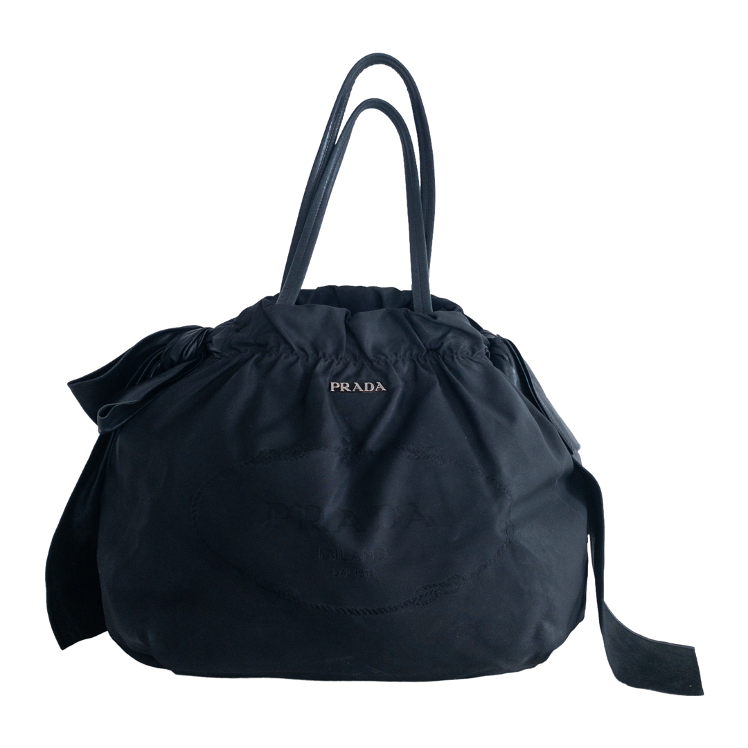 Prada Nylon and Leather Bow Drawstring Shoulder Bag