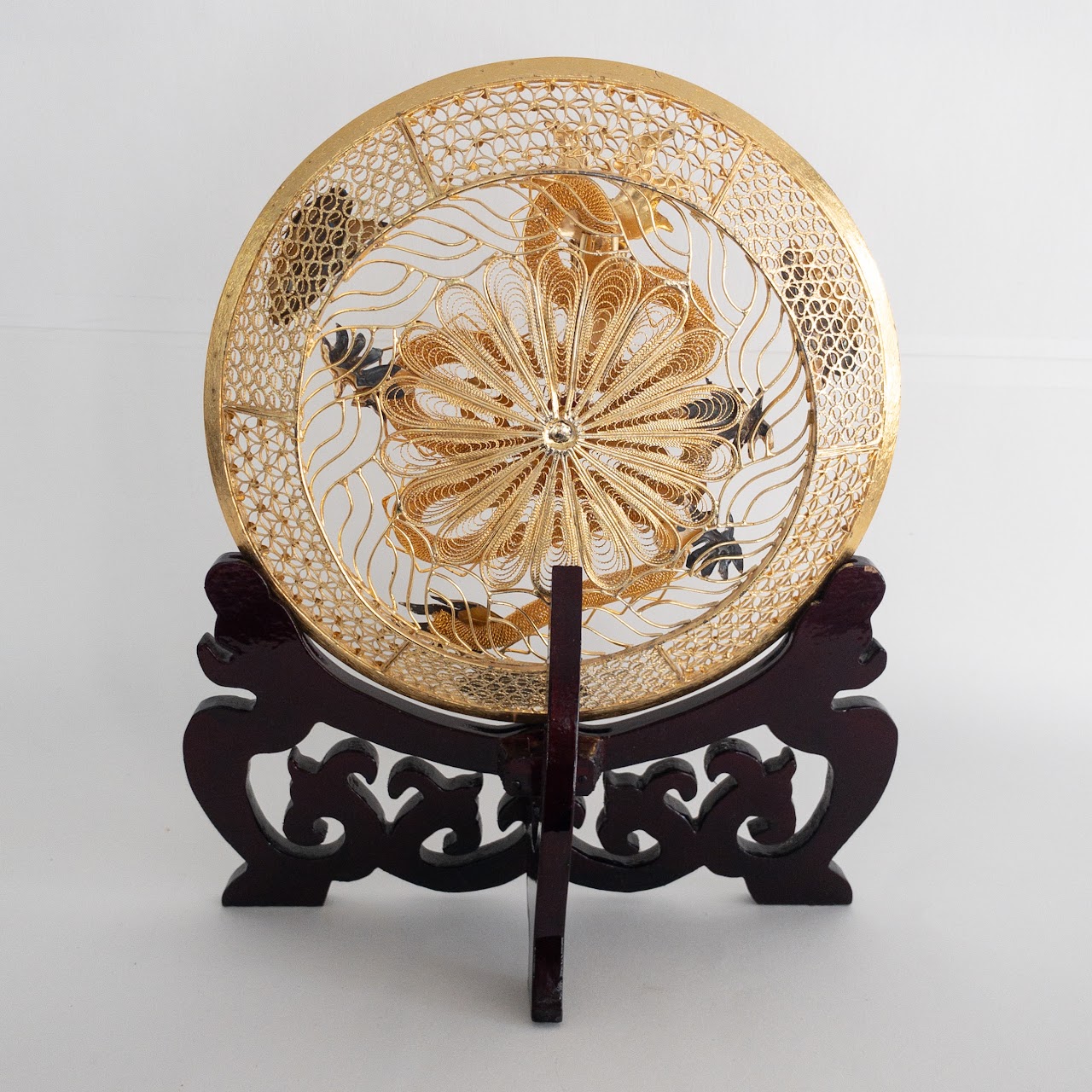 Chinese Cloisonné Vintage Gilt Filigree Dragon and Peacock Plate Pair