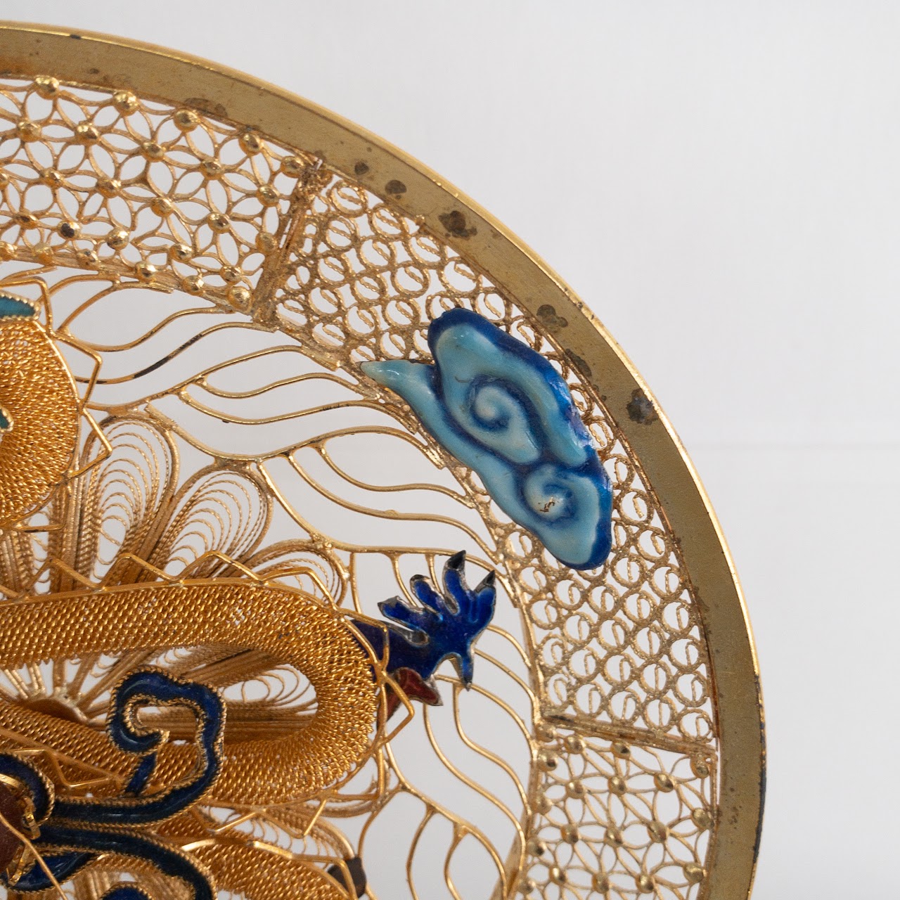 Chinese Cloisonné Vintage Gilt Filigree Dragon and Peacock Plate Pair