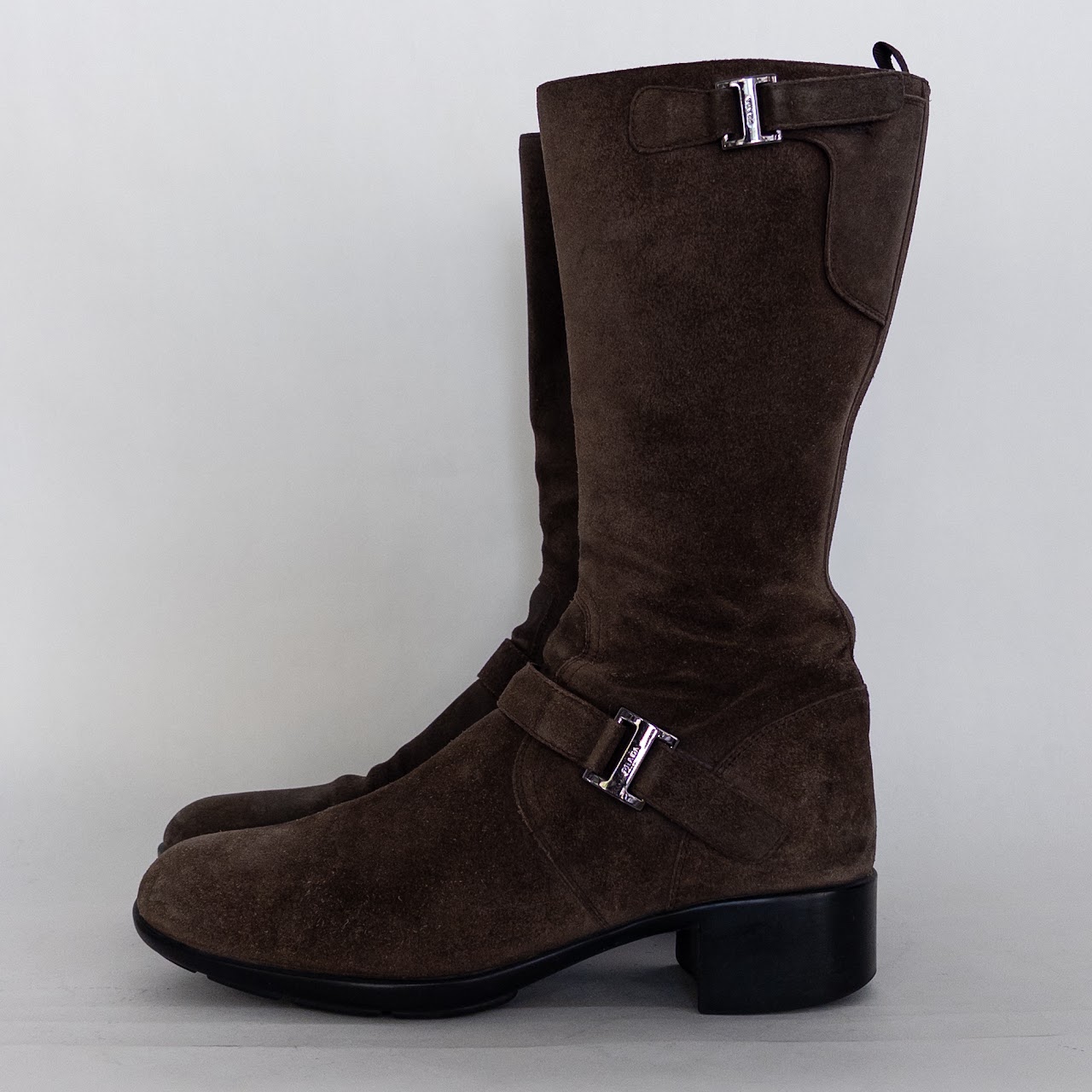 Prada Suede Mid-Calf Moto Boots