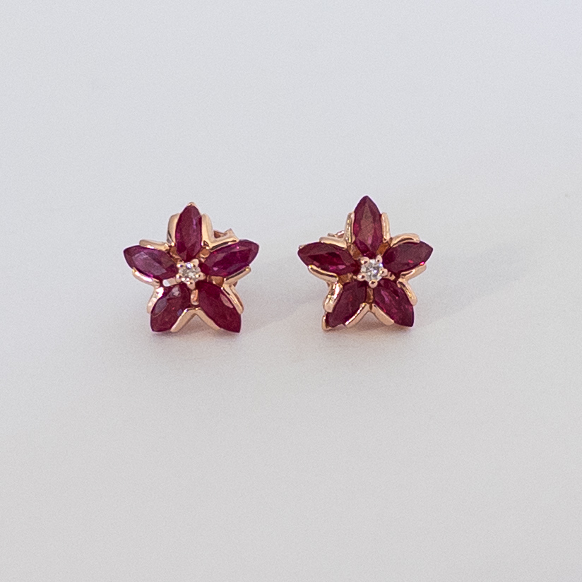 14K Gold Effy Ruby and Diamond Flower Earrings