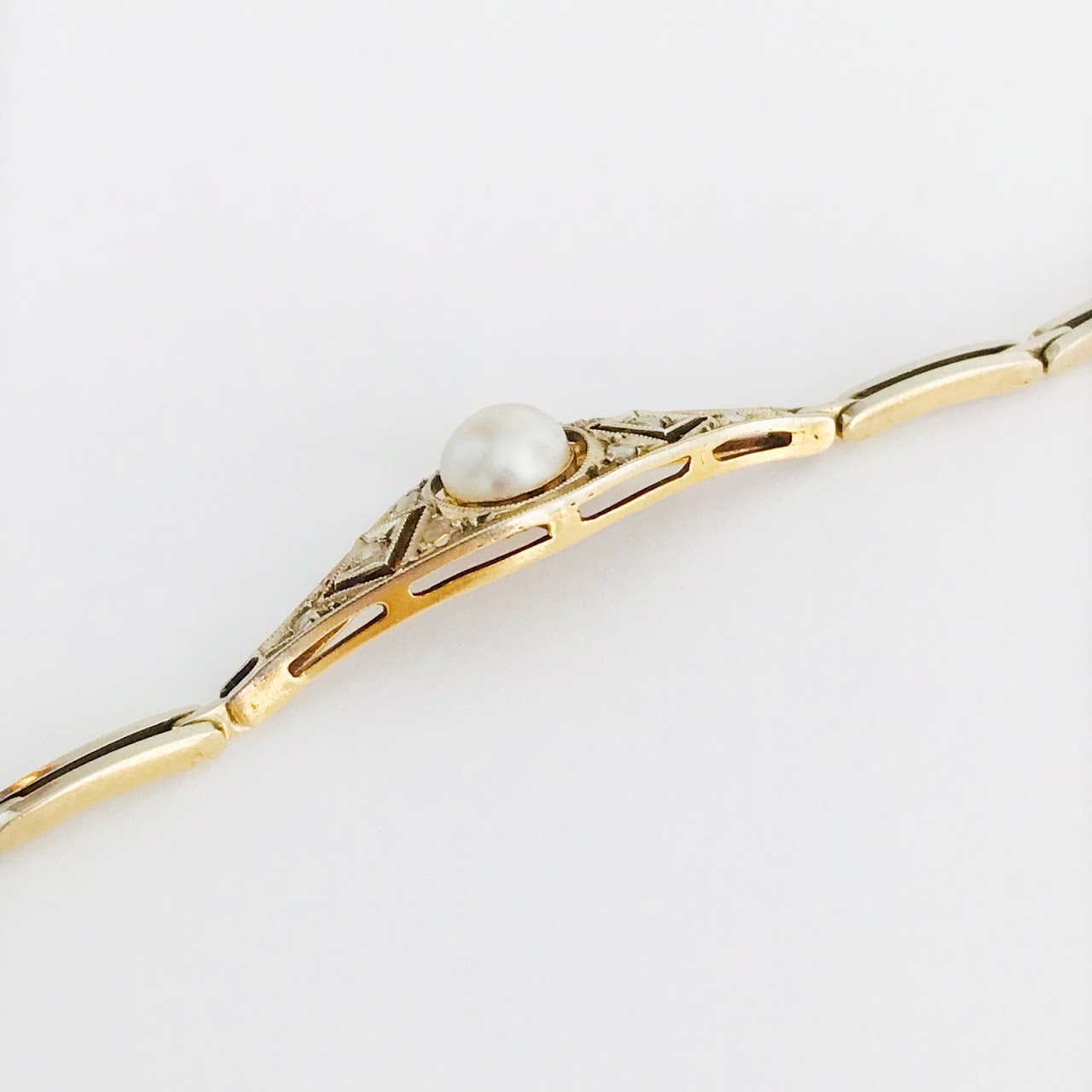 14K Gold, Diamond & Pearl Art Deco Bracelet