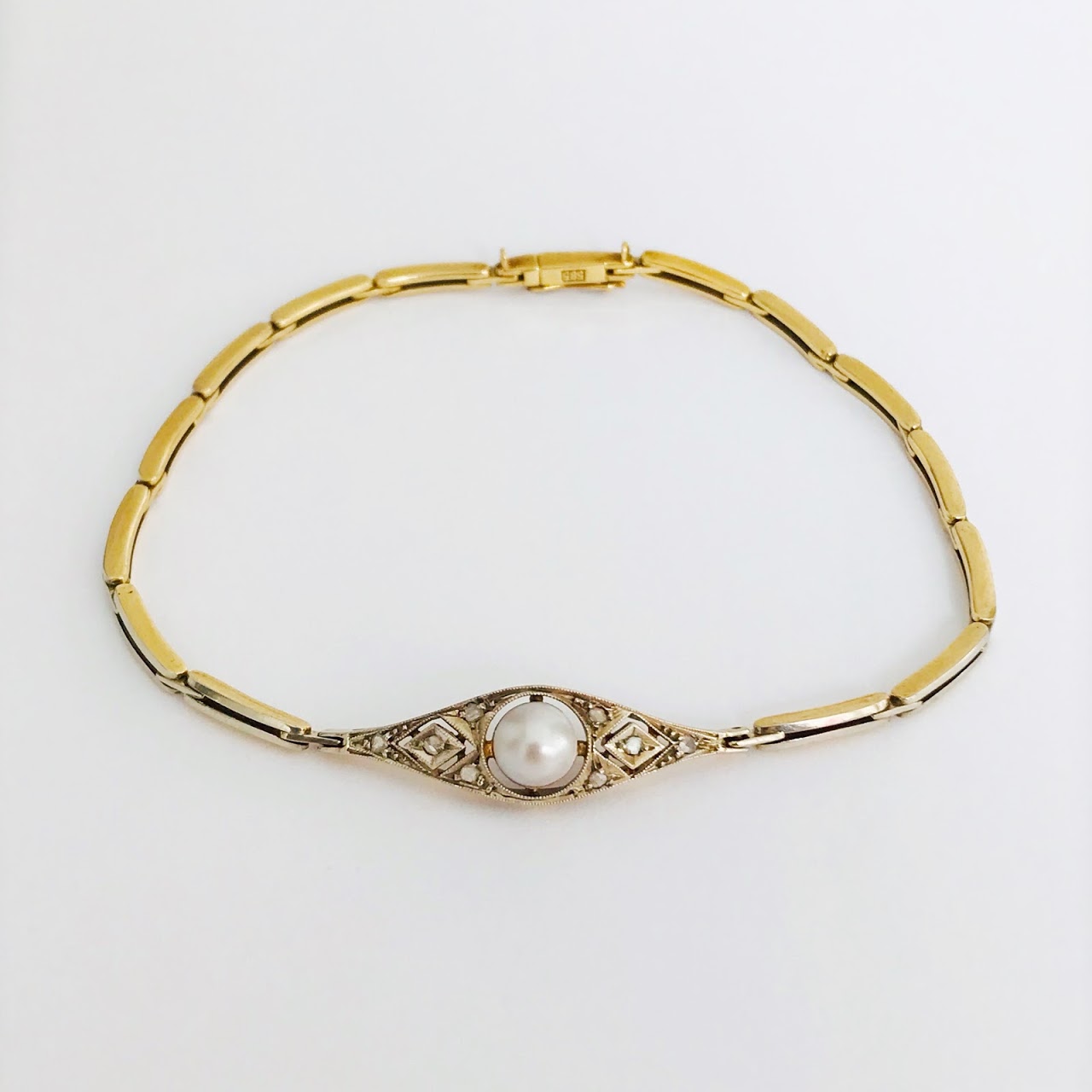 14K Gold, Diamond & Pearl Art Deco Bracelet