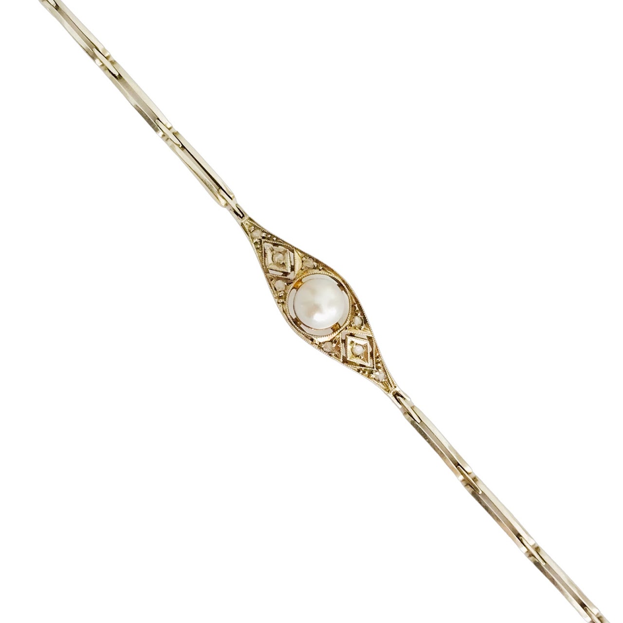 14K Gold, Diamond & Pearl Art Deco Bracelet