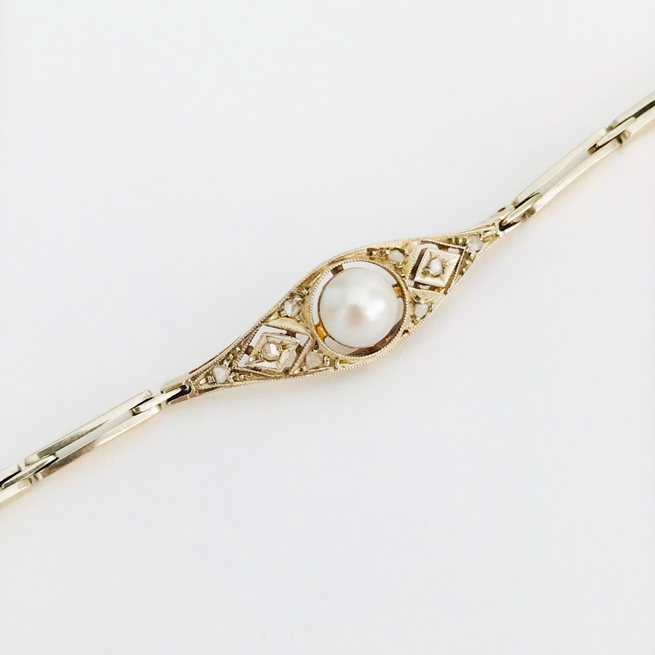 14K Gold, Diamond & Pearl Art Deco Bracelet