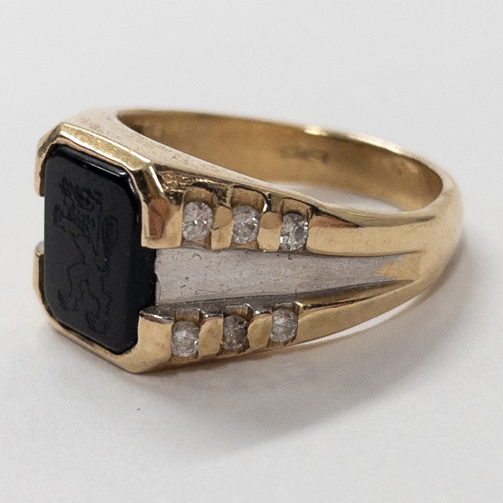 14K Gold, Obsidian & Diamond Etched Gryphon Ring