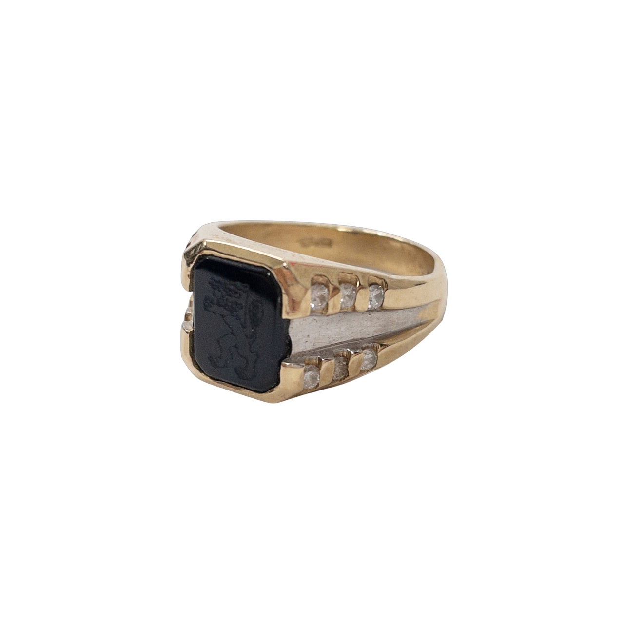 14K Gold, Obsidian & Diamond Etched Gryphon Ring