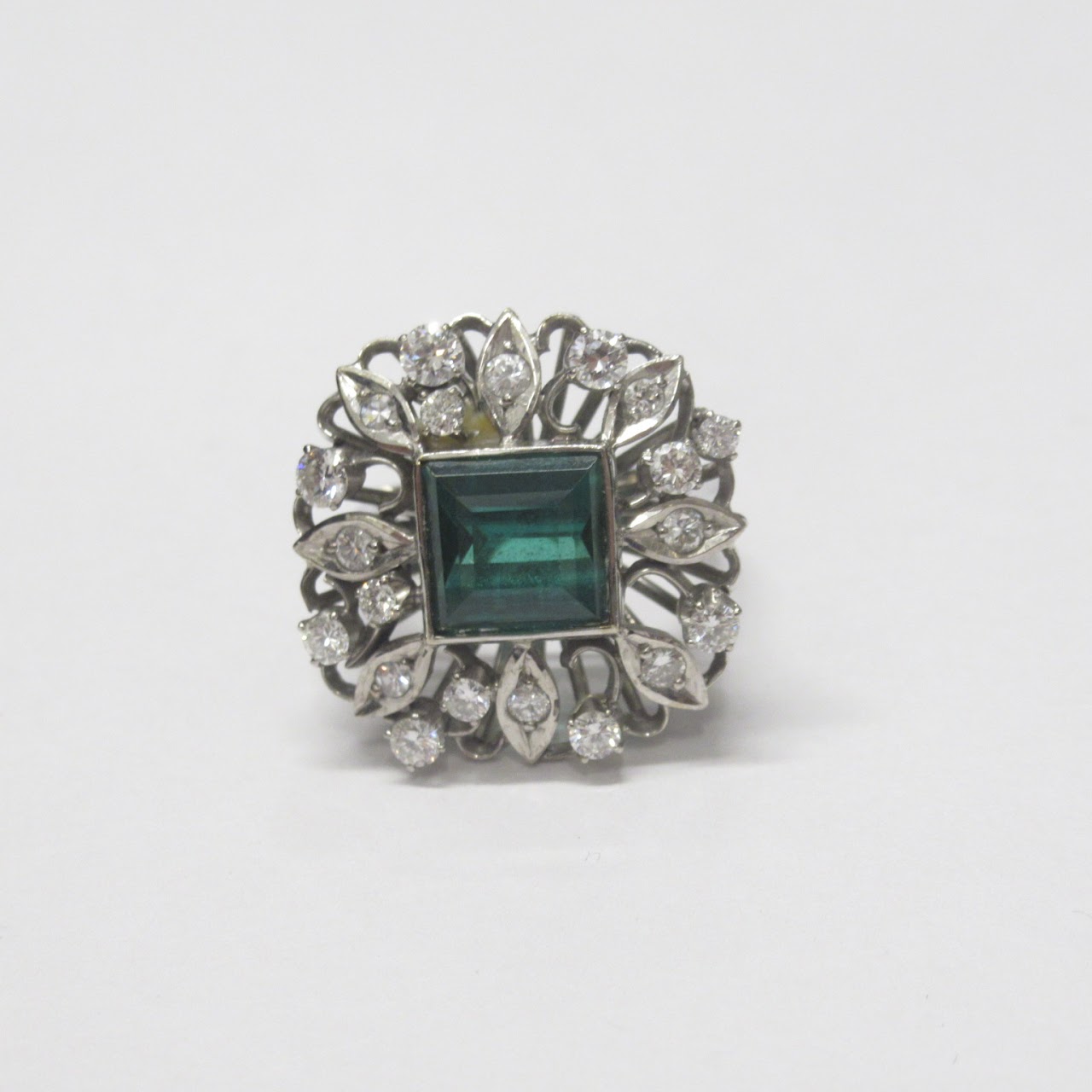 14K White Gold, Diamond & Green Stone Ring