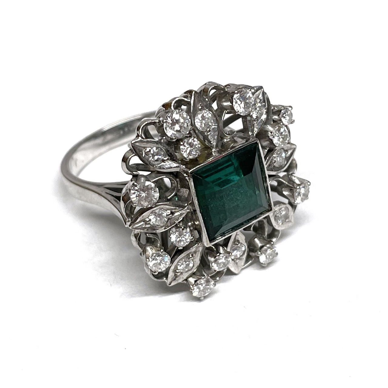 14K White Gold, Diamond & Green Stone Ring