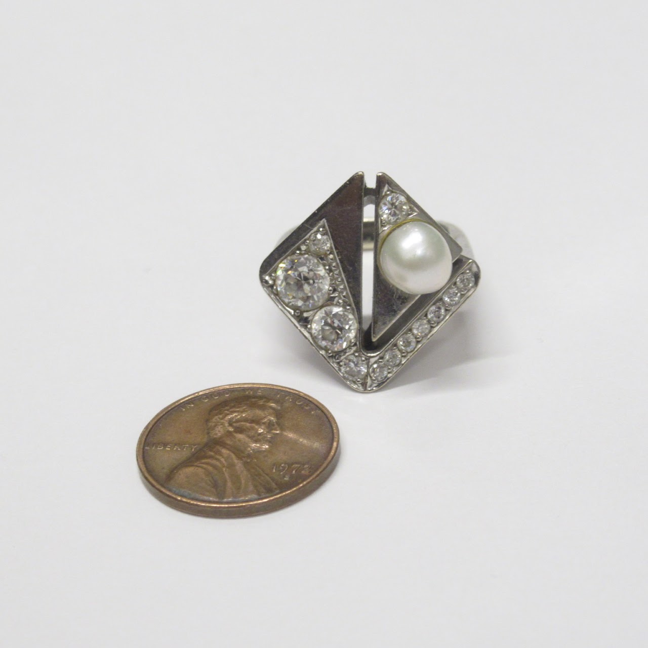 14K White Gold, Diamond & Pearl Ring