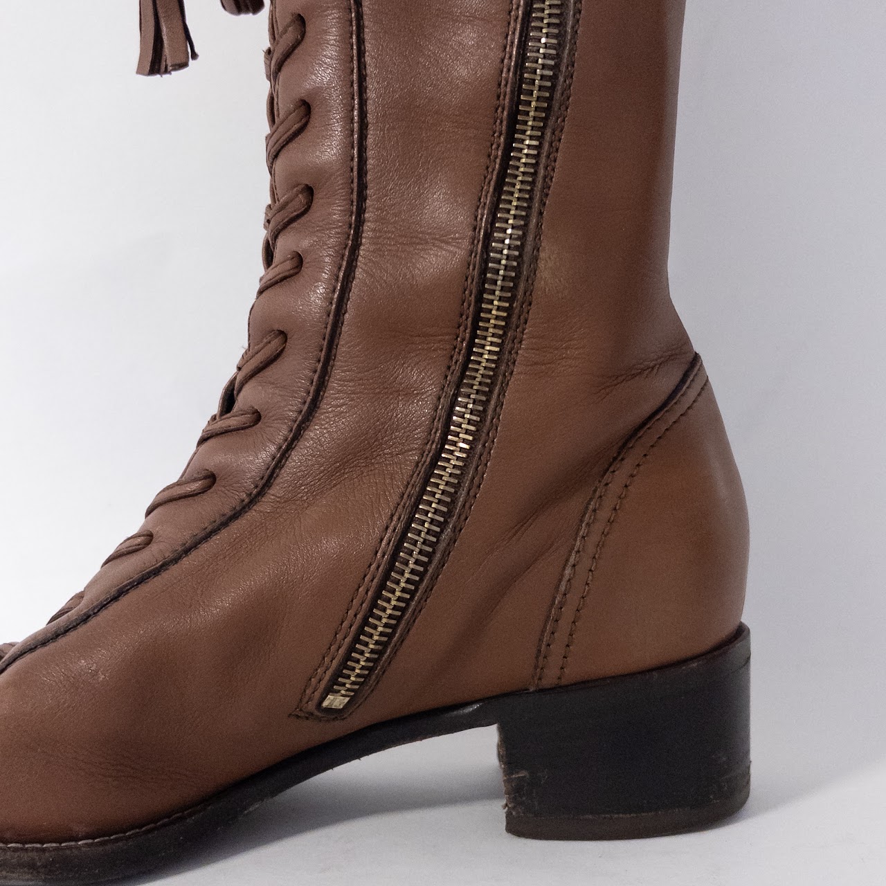 Miu Miu Mid-Calf High Leather Lace Up Boots