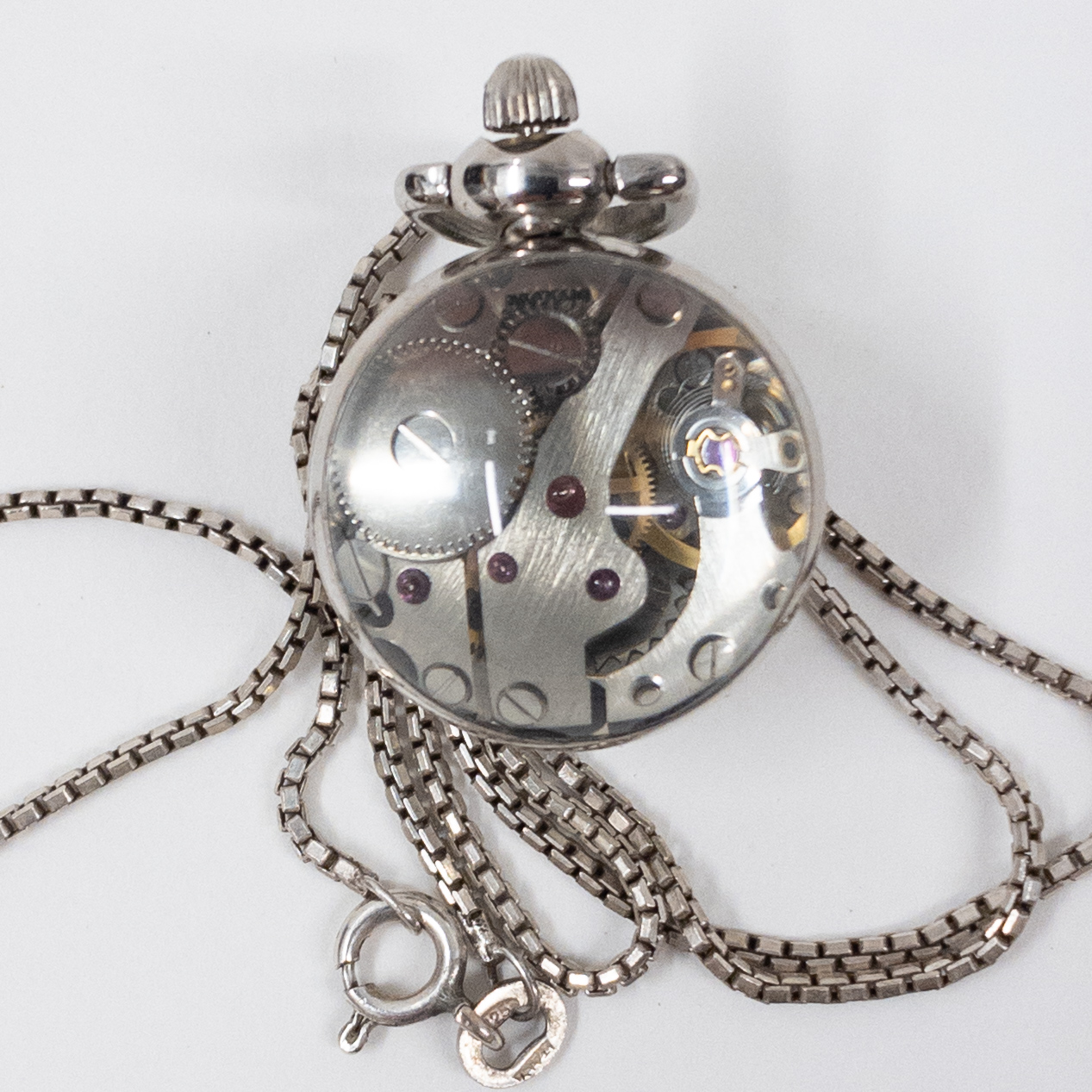 Sterling Silver Necklace with Mechanical Orb Watch Pendant