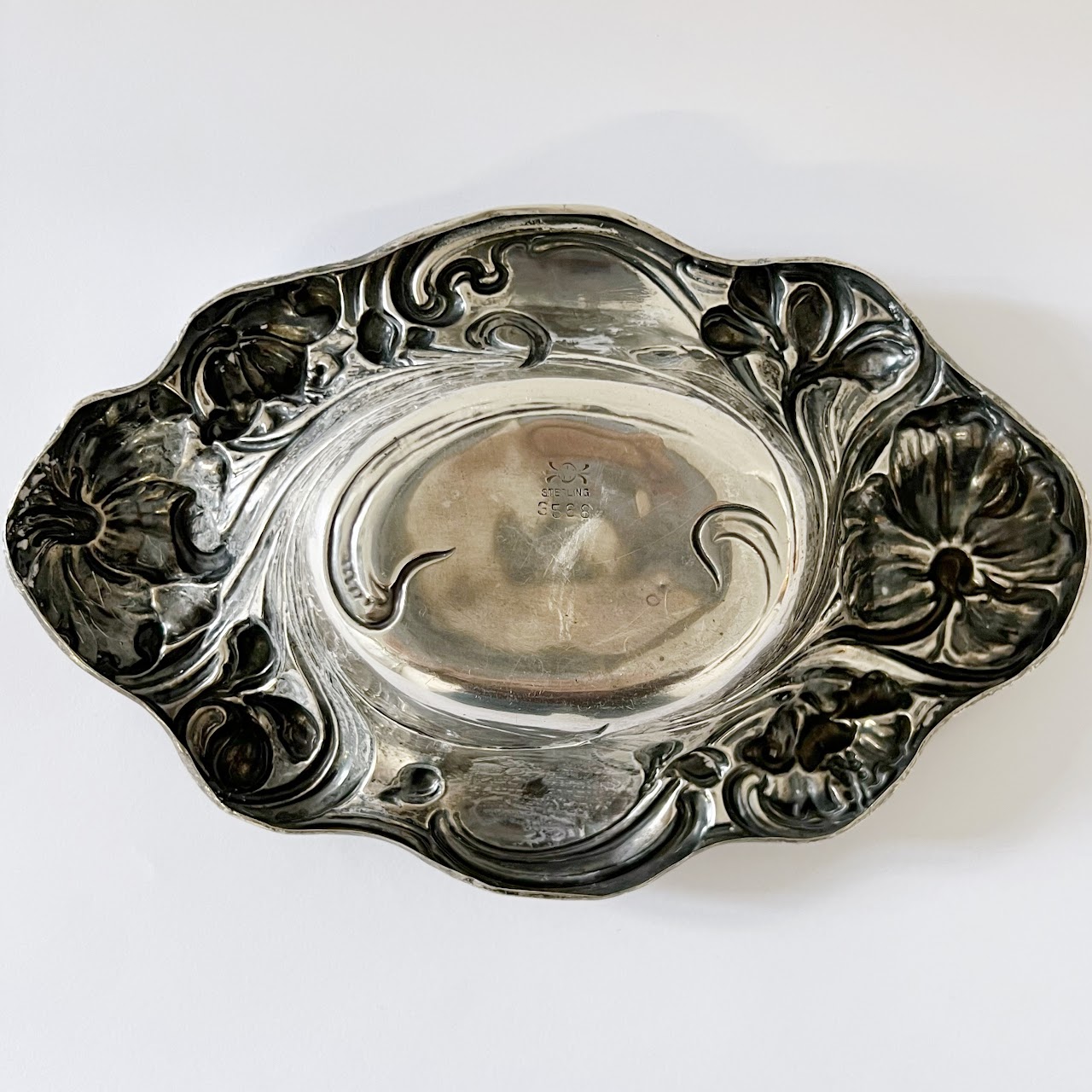 Sterling Silver Floral Repoussé Small Oval Bowl