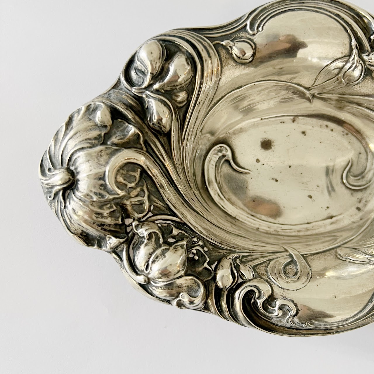 Sterling Silver Floral Repoussé Small Oval Bowl