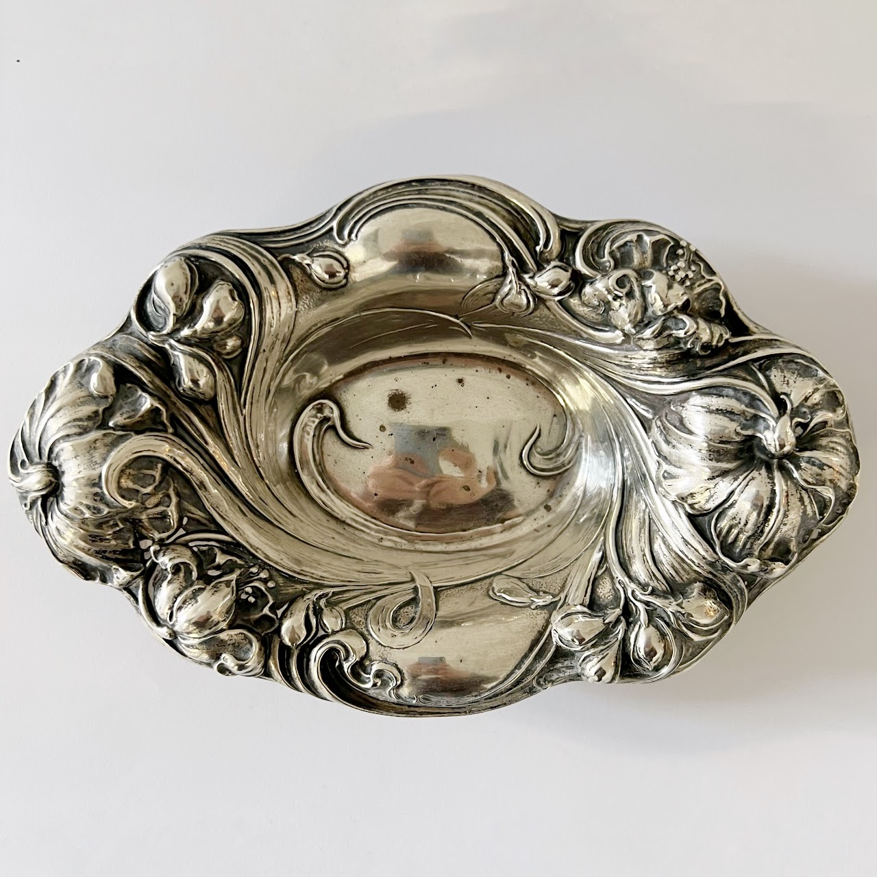 Sterling Silver Floral Repoussé Small Oval Bowl