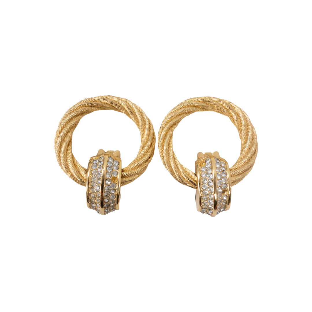 Christian Dior Door Knocker Hoop Earrings with Rhinestones