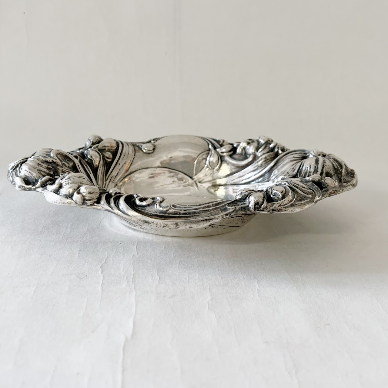 Sterling Silver Floral Repoussé Small Oval Bowl