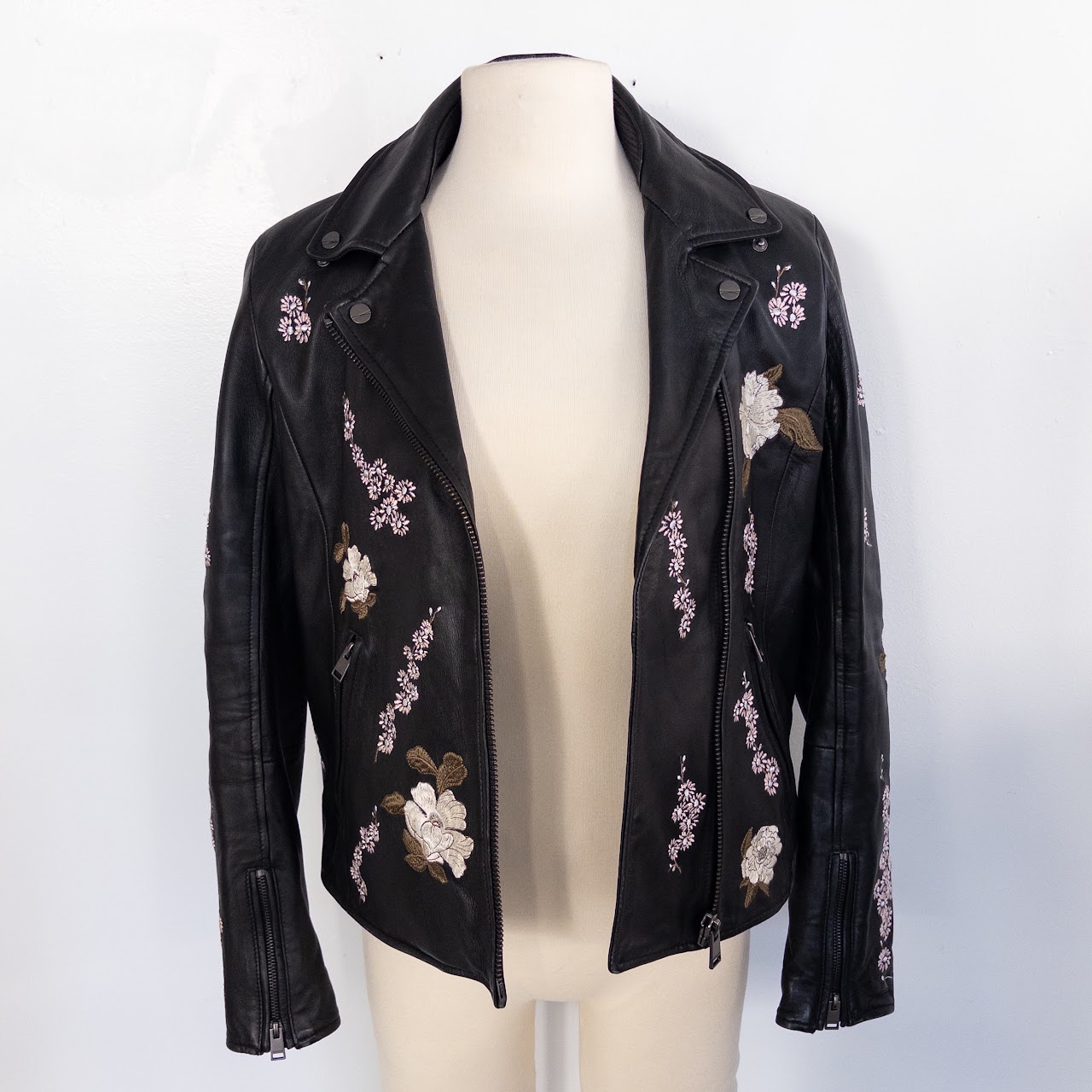 Lamarque Floral Embroidered Leather Biker Style Jacket