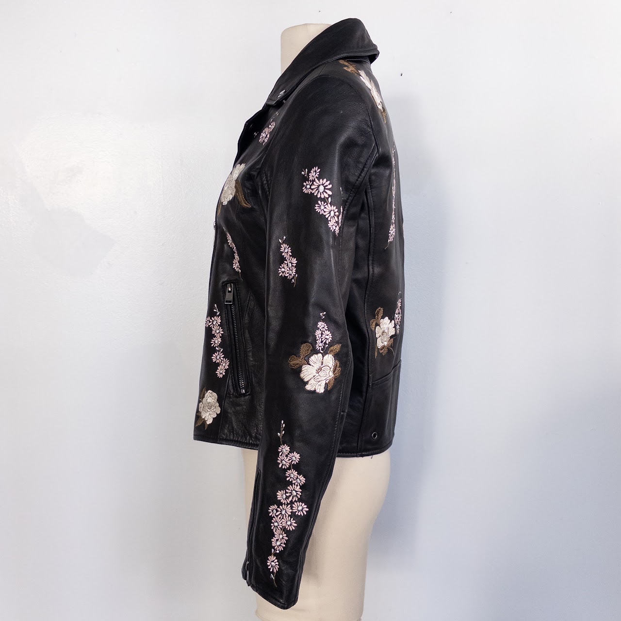 Lamarque Floral Embroidered Leather Biker Style Jacket