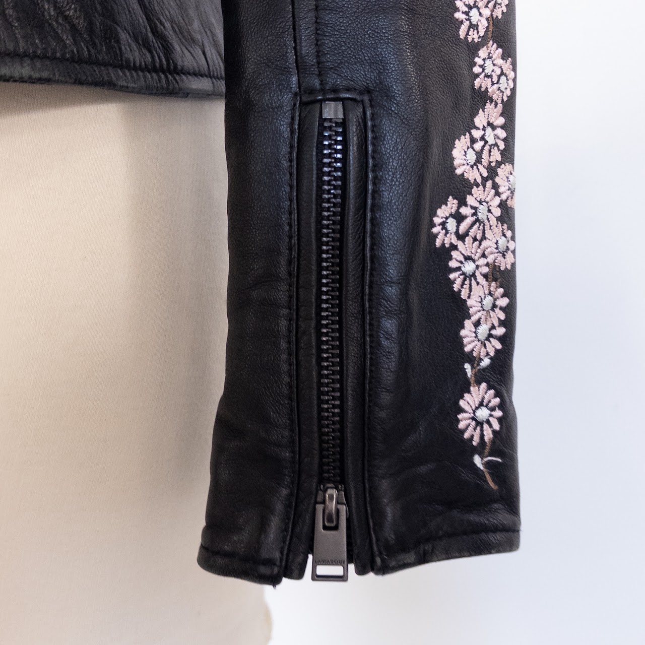 Lamarque Floral Embroidered Leather Biker Style Jacket