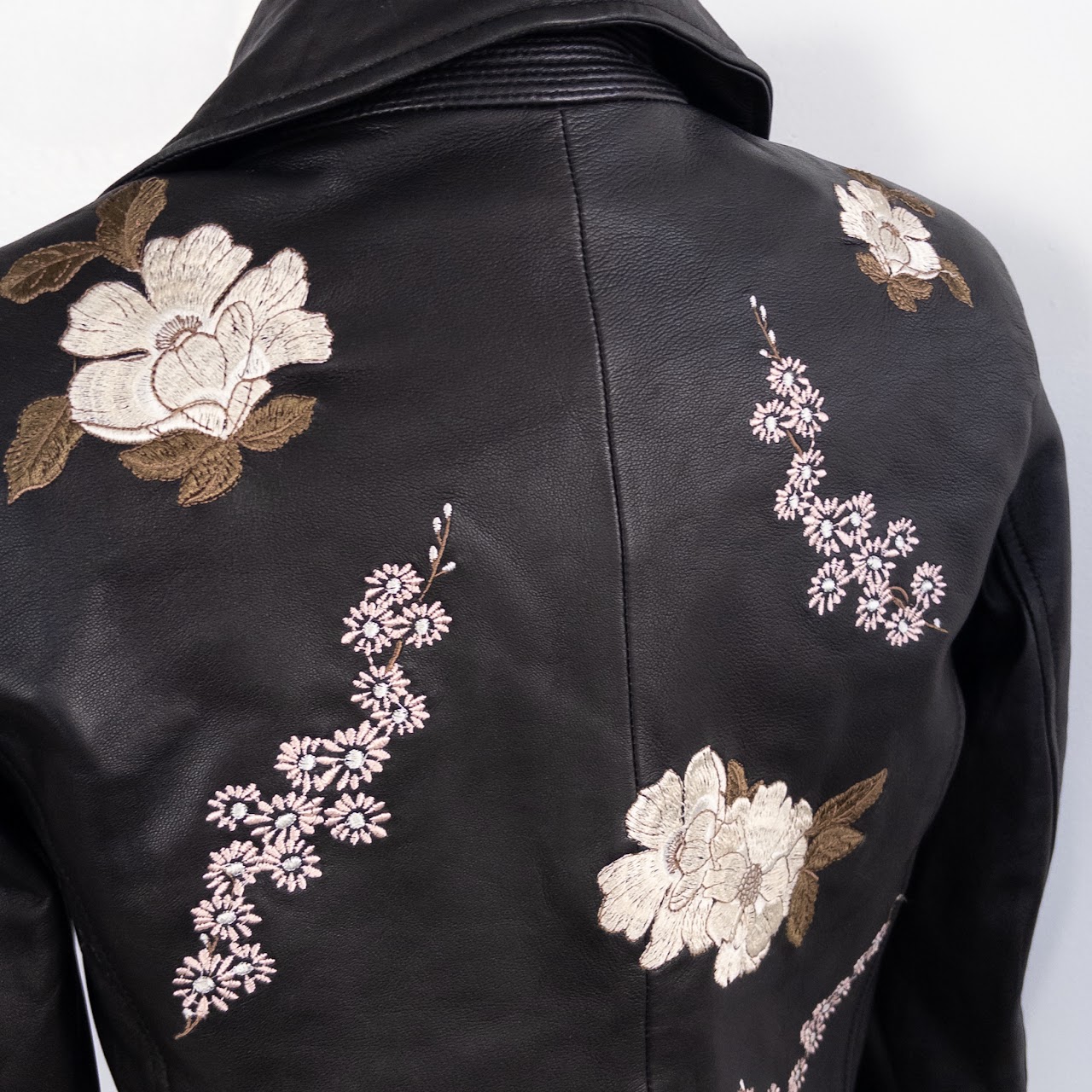 Lamarque Floral Embroidered Leather Biker Style Jacket