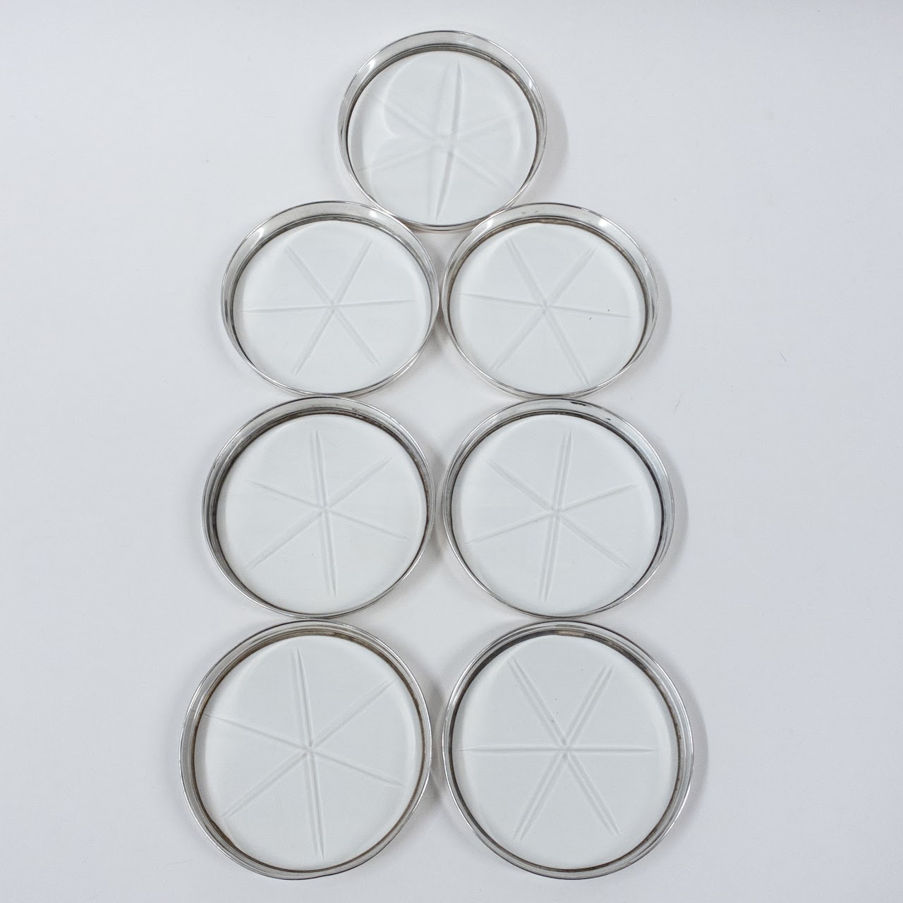 Sterling Silver and Cut Glass Set of Seven Coasters and Holder