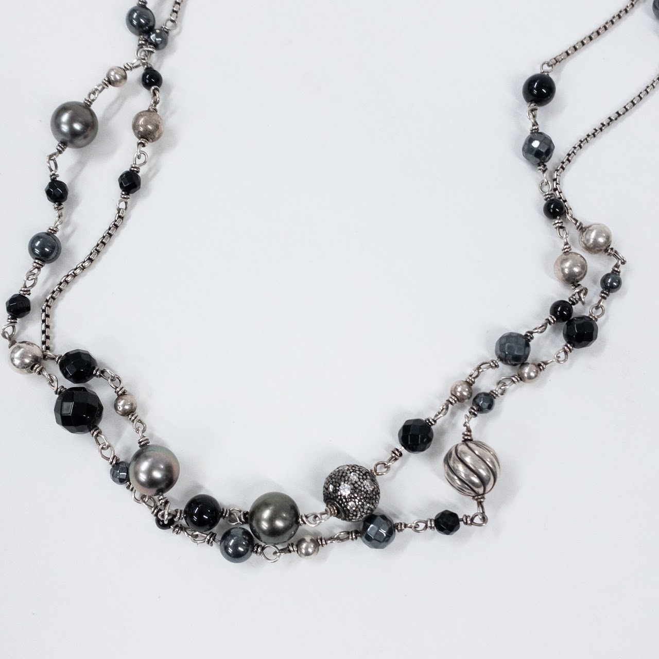 David Yurman Sterling Silver Necklace with Onyx and Hematite Beads